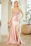 Load image into Gallery viewer, Wholesale Satin Strapless Mermaid Evening Gown with Beaded Lace Corset Bodice &amp; High Slit – Formal Prom Dress by LAA8059 - BLUSH - Long Formal Dresses LAA