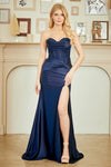 Load image into Gallery viewer, Wholesale Strapless Satin Evening Gown with Corset Bodice Thigh-High Slit by LAA9082