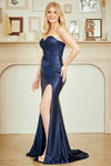 Load image into Gallery viewer, Wholesale Strapless Satin Evening Gown with Corset Bodice Thigh-High Slit by LAA9082