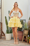 Load image into Gallery viewer, Wholesale Strapless Rhinestone Corset Ruffle Short Dress Sheer Mesh Homecoming &amp; Cocktail Dress by LAA6136S - YELLOW - Short Cocktail Dresses LAA
