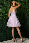 Load image into Gallery viewer, Wholesale V-Neck Lace Appliqué Glitter Tulle Fit-and-Flare Short Homecoming Dress by LAXE779