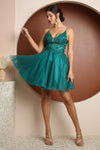 Load image into Gallery viewer, Wholesale V-Neck Lace Appliqué Glitter Tulle Fit-and-Flare Short Homecoming Dress by LAXE779
