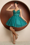 Load image into Gallery viewer, Wholesale V-Neck Lace Appliqué Glitter Tulle Fit-and-Flare Short Homecoming Dress by LAXE779
