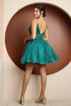 Load image into Gallery viewer, Wholesale V-Neck Lace Appliqué Glitter Tulle Fit-and-Flare Short Homecoming Dress by LAXE779