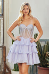 Load image into Gallery viewer, Wholesale Strapless Rhinestone Corset Ruffle Short Dress Sheer Mesh Homecoming &amp; Cocktail Dress by LAA6136S - - Short Cocktail Dresses LAA