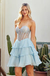 Load image into Gallery viewer, Wholesale Strapless Rhinestone Corset Ruffle Short Dress Sheer Mesh Homecoming &amp; Cocktail Dress by LAA6136S - - Short Cocktail Dresses LAA
