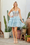 Load image into Gallery viewer, Wholesale Strapless Rhinestone Corset Ruffle Short Dress Sheer Mesh Homecoming &amp; Cocktail Dress by LAA6136S - LIGHT BLUE - Short Cocktail Dresses LAA
