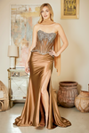 Load image into Gallery viewer, Wholesale Sweetheart Crystal Beaded Illusion Corset Sheath Prom Evening Gown with Slit by LAA2144 - MOCHA - Long Formal Dresses LAA