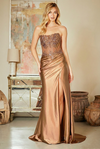 Load image into Gallery viewer, Wholesale Satin Strapless Corset Lace Appliqué Evening Gown with High Slit Dress by LAA9056 - MOCHA - Dresses LAA