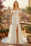 Load image into Gallery viewer, LAA2139 Wholesale Off-Shoulder Sweetheart Lace A-Line Wedding Dress with Slit &amp; Chapel Train