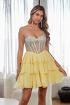 Load image into Gallery viewer, Wholesale Strapless Rhinestone Corset Ruffle Short Dress Sheer Mesh Homecoming &amp; Cocktail Dress by LAA6136S - - Short Cocktail Dresses LAA