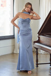 Load image into Gallery viewer, LAA6138 Wholesale Corset Satin Dress Set with Chiffon Scarf 3-Piece Ruched Sheath Evening Gown