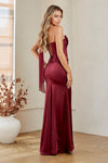 Load image into Gallery viewer, LAA6138 Wholesale Corset Satin Dress Set with Chiffon Scarf 3-Piece Ruched Sheath Evening Gown