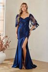 Load image into Gallery viewer, Wholesale Sweetheart Flutter Sleeve Beaded Lace Appliqué Sheath Mother of the Bride Dress with Slit by LAA8073 - NAVY - Long Formal Dresses LAA