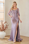 Load image into Gallery viewer, Wholesale Sweetheart Flutter Sleeve Beaded Lace Appliqué Sheath Mother of the Bride Dress with Slit by LAA8073 - VICTORIAN PURPLE - Long Formal Dresses LAA
