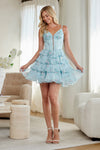 Load image into Gallery viewer, Wholesale Floral Print Corset Tiered Ruffle Short Dress Sweetheart Neckline Lace-Up Back by LAA9091S - BABY BLUE - Short Cocktail Dresses LAA