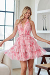 Load image into Gallery viewer, LAA9094S Wholesale Floral Tiered Tulle Halter Dress Plunging V-Neck Short Homecoming Cocktail Dress