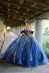 Load image into Gallery viewer, LAT1504J Wholesale Off-Shoulder Sweetheart Ball Gown Quinceañera Dress with Embroidered Detail - NAVY GOLD - Quinceanera Dress LAT