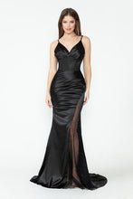 Load image into Gallery viewer, LA Merchandise LAF8231 Satin Sheer Side Slit Evening Gown with V-Neck &amp; Spaghetti Straps