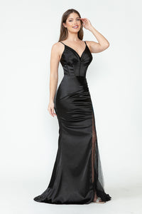 LA Merchandise LAF8231 Satin Sheer Side Slit Evening Gown with V-Neck & Spaghetti Straps