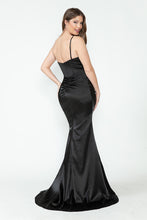 Load image into Gallery viewer, LA Merchandise LAF8231 Satin Sheer Side Slit Evening Gown with V-Neck &amp; Spaghetti Straps