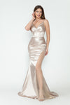 Load image into Gallery viewer, LA Merchandise LAF8231 Satin Sheer Side Slit Evening Gown with V-Neck &amp; Spaghetti Straps - CHAMPAGNE GOLD - Dress LAF