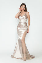 Load image into Gallery viewer, LA Merchandise LAF8231 Satin Sheer Side Slit Evening Gown with V-Neck &amp; Spaghetti Straps