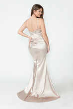 Load image into Gallery viewer, LA Merchandise LAF8231 Satin Sheer Side Slit Evening Gown with V-Neck &amp; Spaghetti Straps
