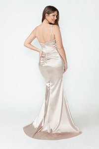 LA Merchandise LAF8231 Satin Sheer Side Slit Evening Gown with V-Neck & Spaghetti Straps