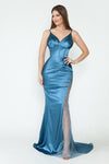 Load image into Gallery viewer, LA Merchandise LAF8231 Satin Sheer Side Slit Evening Gown with V-Neck &amp; Spaghetti Straps - DENIM BLUE - Dress LAF