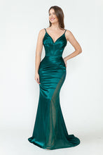Load image into Gallery viewer, LA Merchandise LAF8231 Satin Sheer Side Slit Evening Gown with V-Neck &amp; Spaghetti Straps