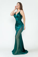 Load image into Gallery viewer, LA Merchandise LAF8231 Satin Sheer Side Slit Evening Gown with V-Neck &amp; Spaghetti Straps