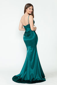 LA Merchandise LAF8231 Satin Sheer Side Slit Evening Gown with V-Neck & Spaghetti Straps