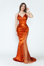 Load image into Gallery viewer, LA Merchandise LAF8231 Satin Sheer Side Slit Evening Gown with V-Neck &amp; Spaghetti Straps