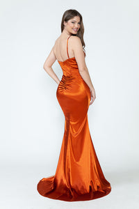 LA Merchandise LAF8231 Satin Sheer Side Slit Evening Gown with V-Neck & Spaghetti Straps