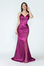 Load image into Gallery viewer, LA Merchandise LAF8231 Satin Sheer Side Slit Evening Gown with V-Neck &amp; Spaghetti Straps