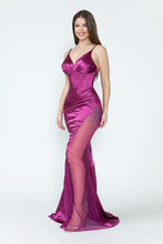 Load image into Gallery viewer, LA Merchandise LAF8231 Satin Sheer Side Slit Evening Gown with V-Neck &amp; Spaghetti Straps