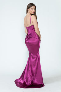 LA Merchandise LAF8231 Satin Sheer Side Slit Evening Gown with V-Neck & Spaghetti Straps