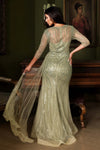 Load image into Gallery viewer, LAF8472 Wholesale Beaded Illusion Long Sleeve Sheath Sequin Evening Gown with Sheer Tulle Train