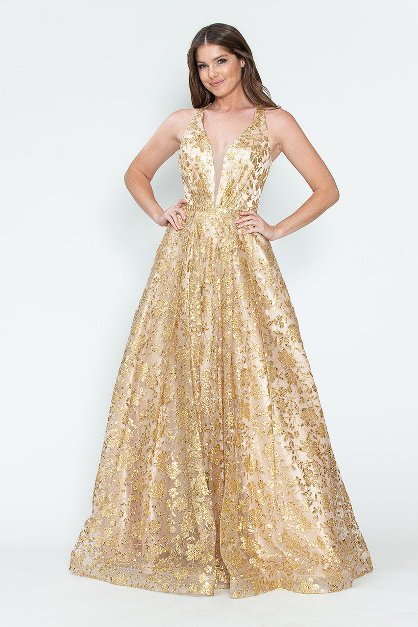 LA Merchandise LAF8240 Floral Glitter V-Neck Sleeveless A-Line Dress