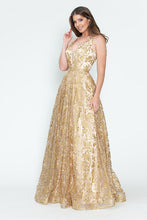 Load image into Gallery viewer, LA Merchandise LAF8240 Floral Glitter V-Neck Sleeveless A-Line Dress