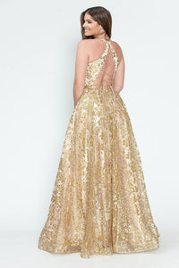 LA Merchandise LAF8240 Floral Glitter V-Neck Sleeveless A-Line Dress
