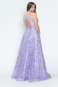 LA Merchandise LAF8240 Floral Glitter V-Neck Sleeveless A-Line Dress