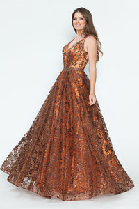 LA Merchandise LAF8240 Floral Glitter V-Neck Sleeveless A-Line Dress