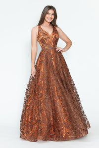 LA Merchandise LAF8240 Floral Glitter V-Neck Sleeveless A-Line Dress