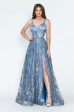 Load image into Gallery viewer, LA Merchandise LAF8235 Glitter Floral A-Line Evening Gown with Slit–Spaghetti Straps &amp; Sweetheart Neckline