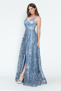 LA Merchandise LAF8235 Glitter Floral A-Line Evening Gown with Slit–Spaghetti Straps & Sweetheart Neckline