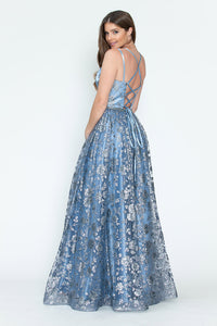 LA Merchandise LAF8235 Glitter Floral A-Line Evening Gown with Slit–Spaghetti Straps & Sweetheart Neckline