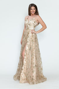 LA Merchandise LAF8235 Glitter Floral A-Line Evening Gown with Slit–Spaghetti Straps & Sweetheart Neckline