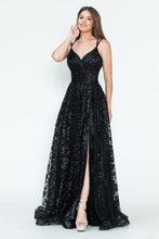 Load image into Gallery viewer, LA Merchandise LAF8235 Glitter Floral A-Line Evening Gown with Slit–Spaghetti Straps &amp; Sweetheart Neckline